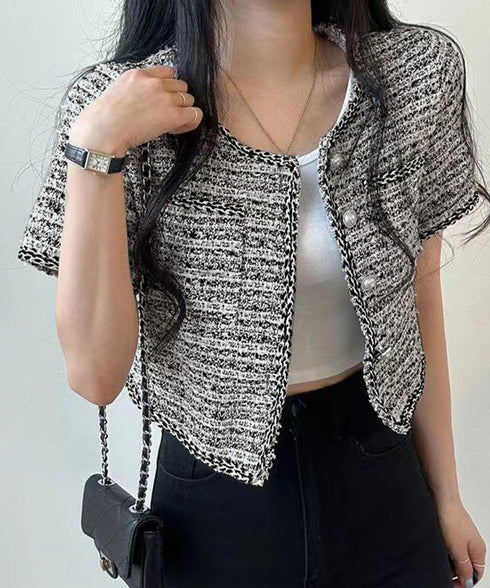 ツイード風ジャケットノーカラージャケット レディース パールボタン オフィス夏服 ショート丈アウター フォーマル カーディガン きれいめ羽織り サマージャケット夏 86SSJL-022